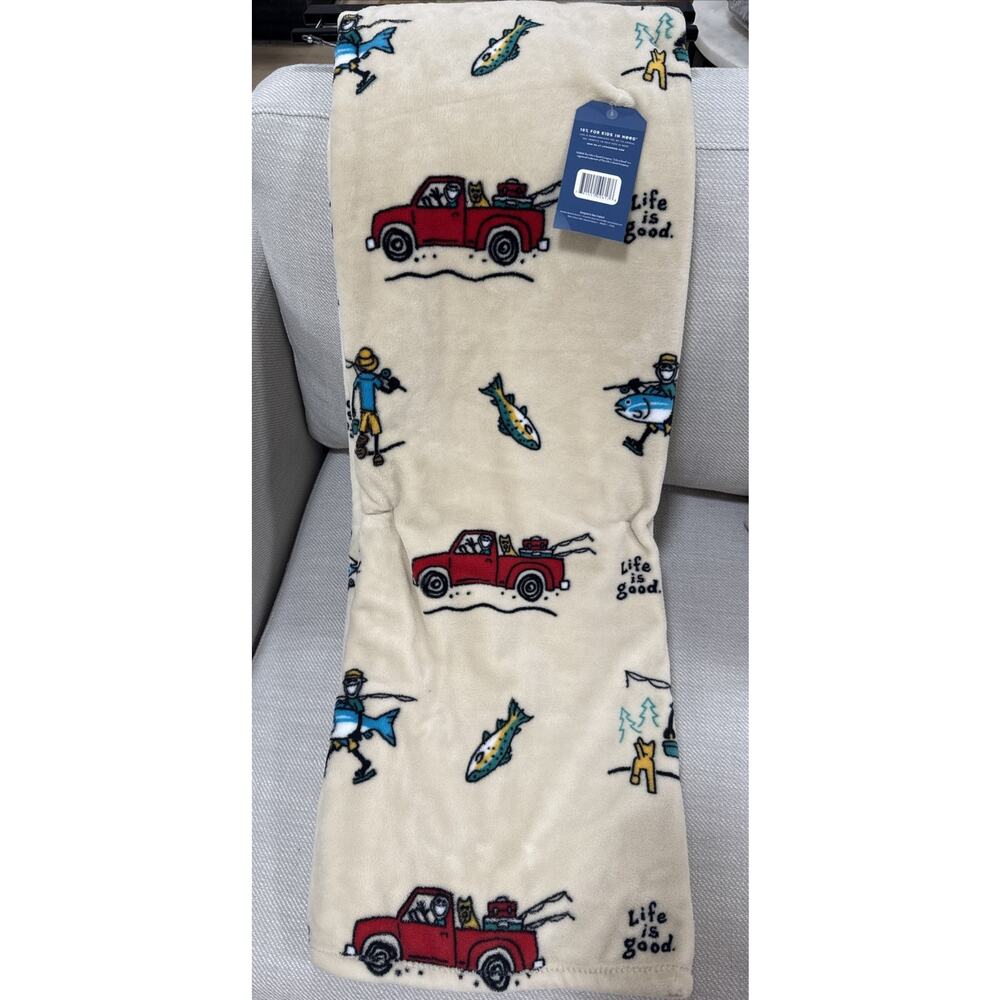 Life Is Good FISHING 50x70” Throw Blanket Fish Truck Outdoors Dog NEW